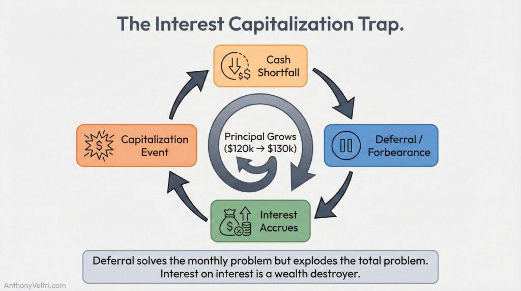 This diagram illustrates how recurring cash shortfalls and deferrals can lead to principal increases and compounding interest.