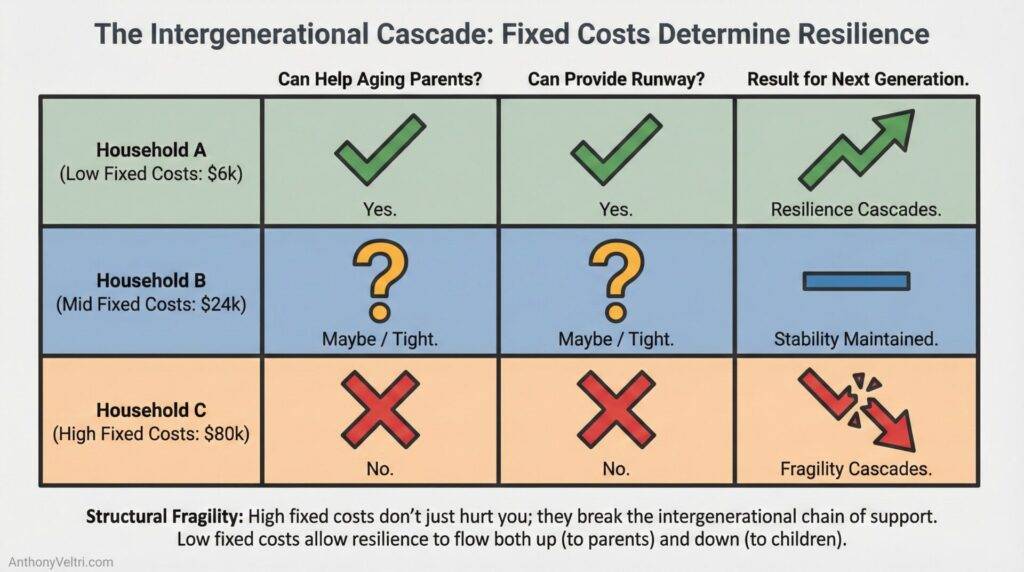 This diagram illustrates how lower household fixed costs are linked to greater generational resilience, while higher costs reduce support capacity.