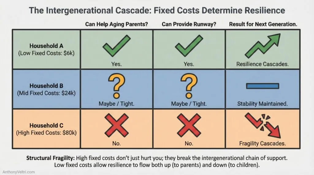 This diagram illustrates how lower household fixed costs are linked to greater generational resilience, while higher costs reduce support capacity.