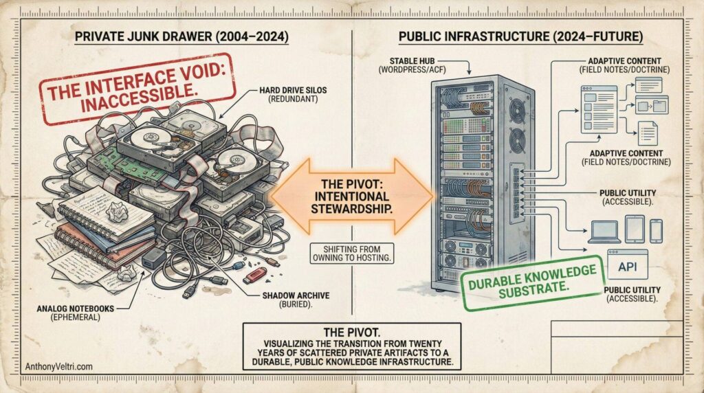An infographic contrasts a messy stack of obsolete hard drives, DVDs, and notebooks (left, labeled Private Junk Drawer) with a tidy, organized server rack (right, labeled Public Infrastructure), showing the transition to durable, accessible digital knowledge storage.