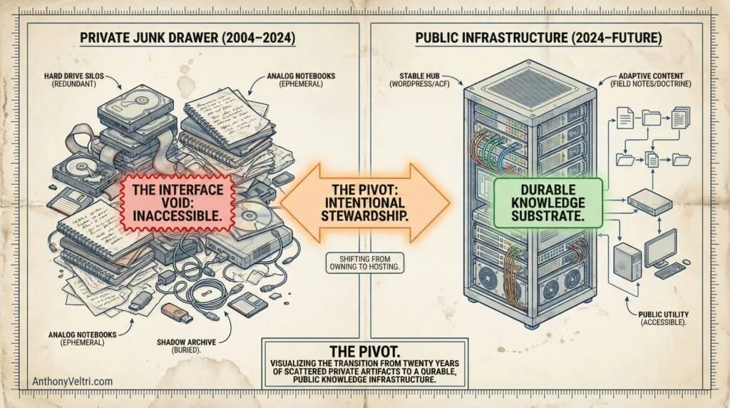 An infographic contrasts a messy stack of obsolete hard drives, DVDs, and notebooks (left, labeled Private Junk Drawer) with a tidy, organized server rack (right, labeled Public Infrastructure), showing the transition to durable, accessible digital knowledge storage.