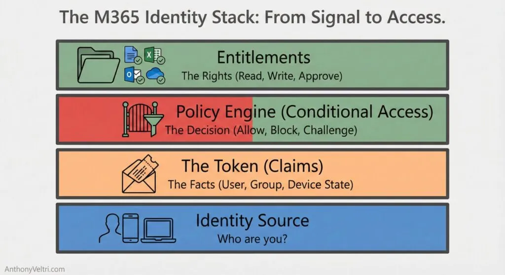 This diagram illustrates the M365 Identity Stack, highlighting layered logic from identity verification to access entitlements.