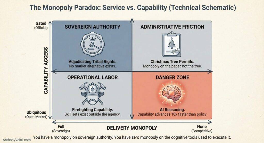 This diagram illustrates how varying levels of capability access and delivery monopoly can define roles, tasks, and potential risks in service design.