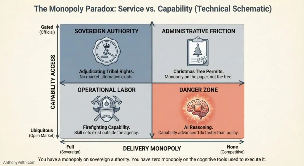 This diagram illustrates how varying levels of capability access and delivery monopoly can define roles, tasks, and potential risks in service design.