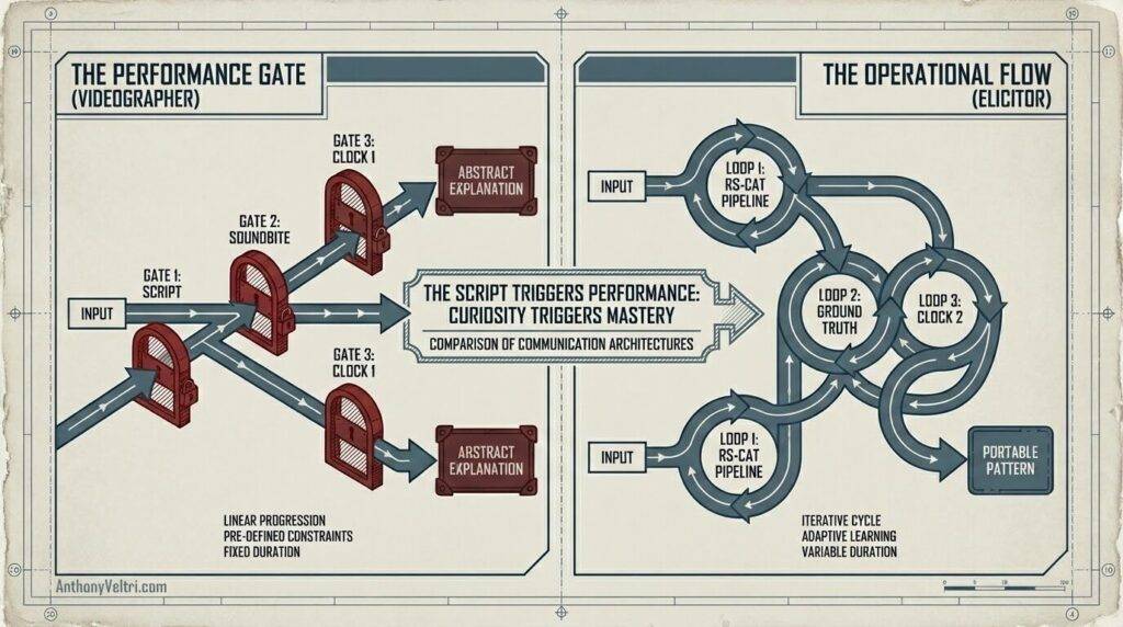 This diagram illustrates a comparison of linear gating and iterative feedback, highlighting advancement toward portable, adaptive patterns.