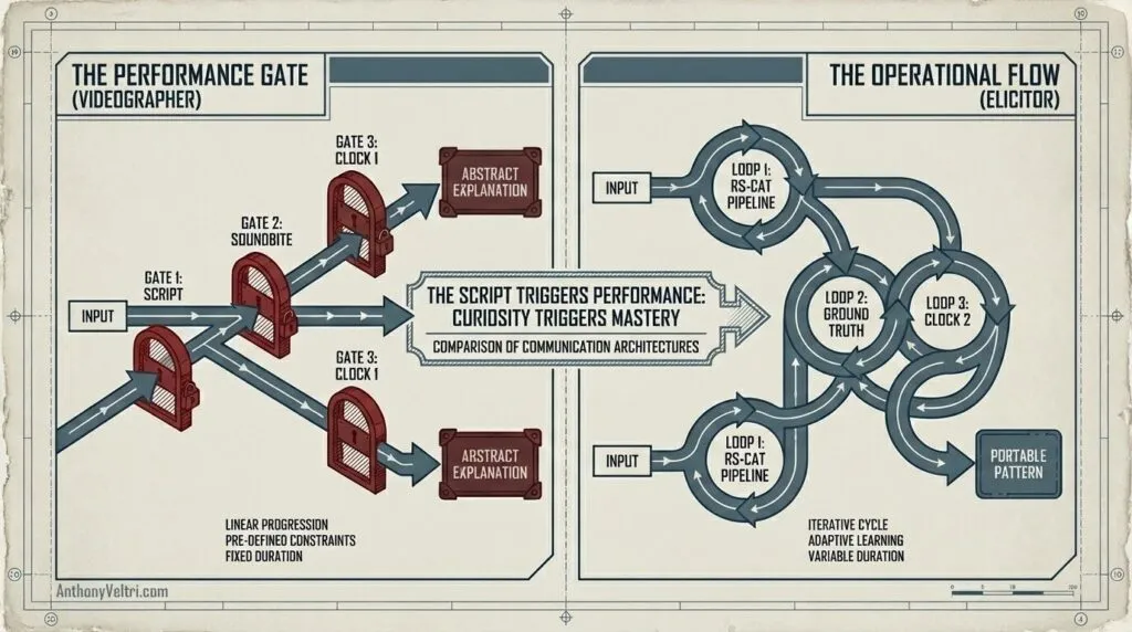 This diagram illustrates a comparison of linear gating and iterative feedback, highlighting advancement toward portable, adaptive patterns.