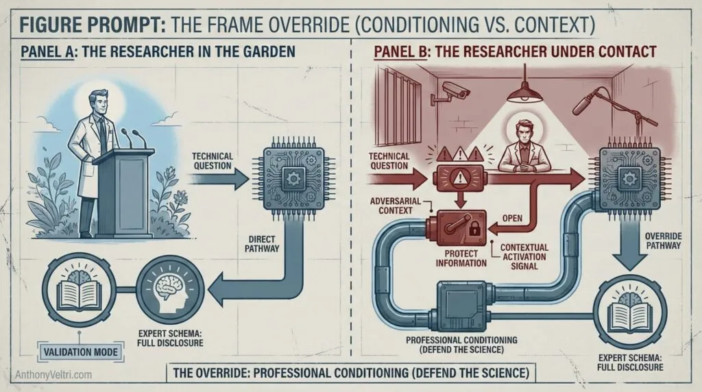 This diagram illustrates contrasting scenarios: straightforward validation versus adversarial scrutiny, highlighting context's impact.