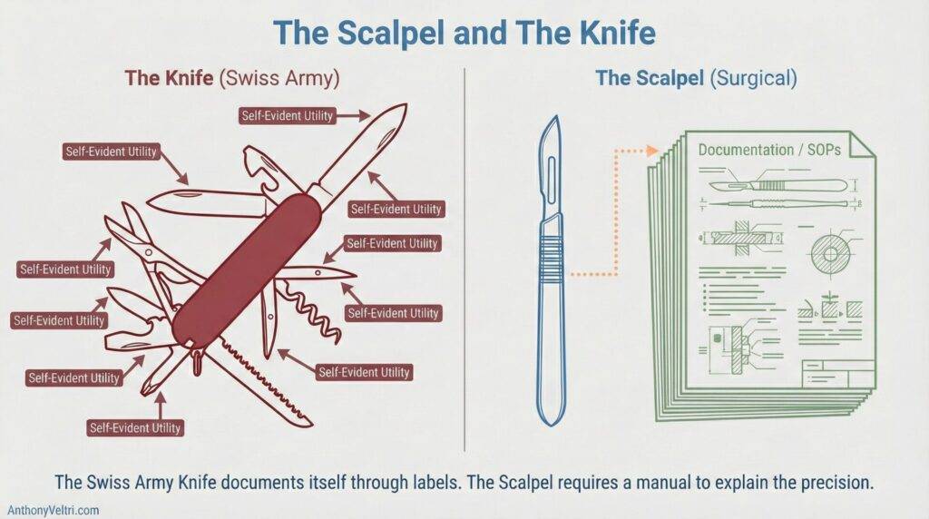 This diagram illustrates how multi-purpose tools often provide self-evident utility, while specialized instruments may depend on documentation.