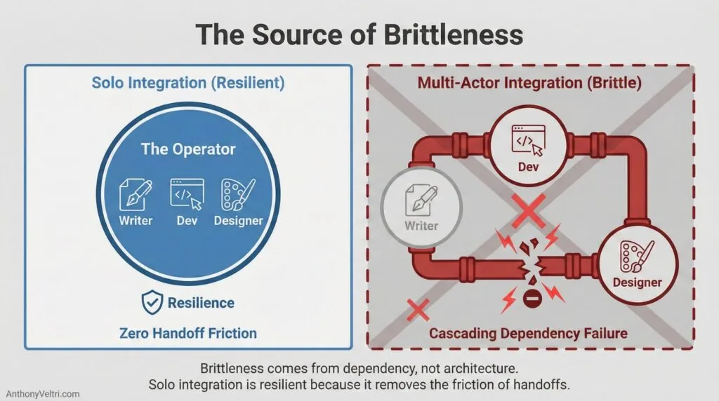 This diagram illustrates how solo integration supports resilience via unified roles, while divided roles risk dependency failures.