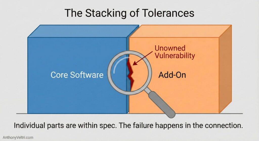This diagram illustrates how vulnerabilities may arise at integration points, even when each software part meets its specifications.