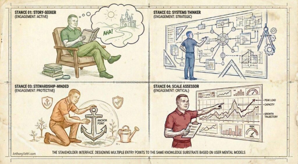 A four-panel illustration shows: 1) a person reading outdoors, having an "Aha!" moment; 2) a person analyzing a large, complex diagram; 3) a person using a shield to protect anchor points from hazards; 4) a person assessing charts and graphs. Text describes each as a different engagement stance.