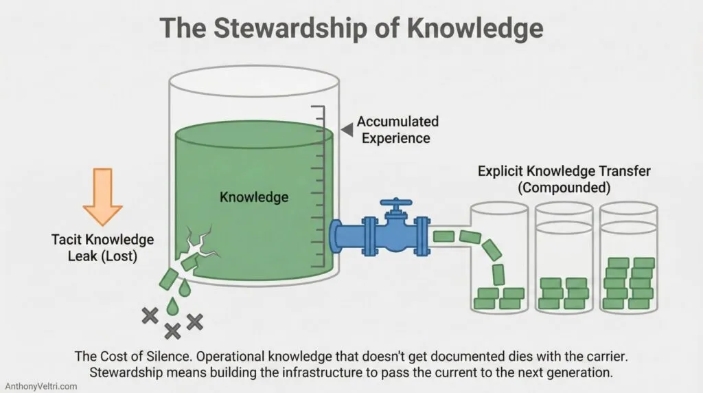 This diagram illustrates how tacit knowledge may be lost over time, while explicit experience is purposefully transferred and preserved.