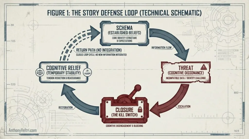 This diagram illustrates a four-stage cycle of belief, tension, resolution, and stability, with labeled information flow and transitions.