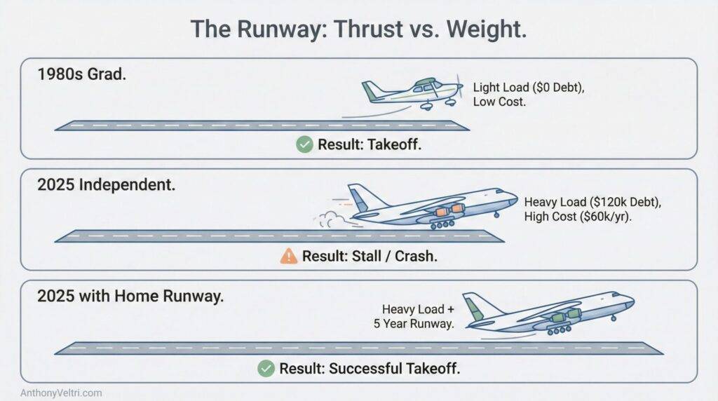 This diagram illustrates how increasing student debt complicates takeoff, with longer runways enabling successful outcomes.