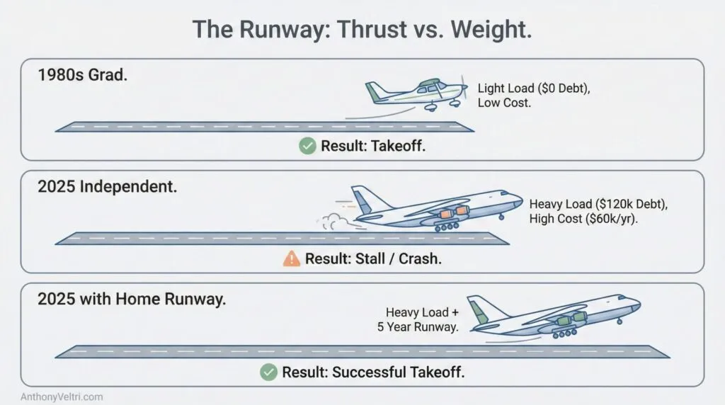 This diagram illustrates how increasing student debt complicates takeoff, with longer runways enabling successful outcomes.