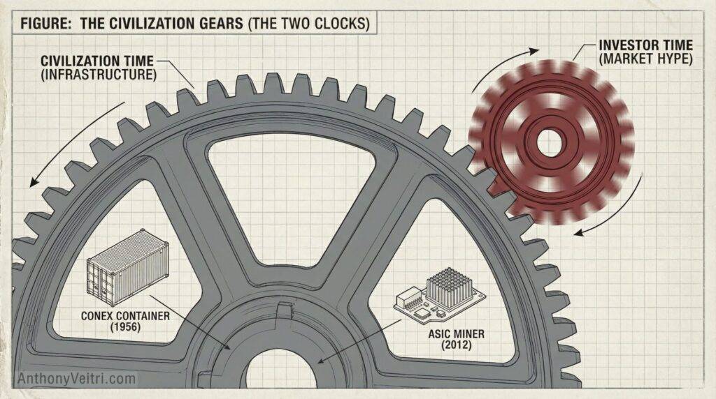 This diagram illustrates how infrastructure developments and market hype interact, as shown by two interlocking gears with labeled icons.