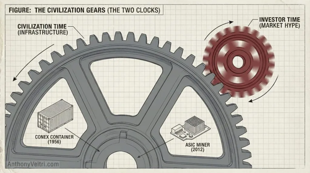 This diagram illustrates how infrastructure developments and market hype interact, as shown by two interlocking gears with labeled icons.