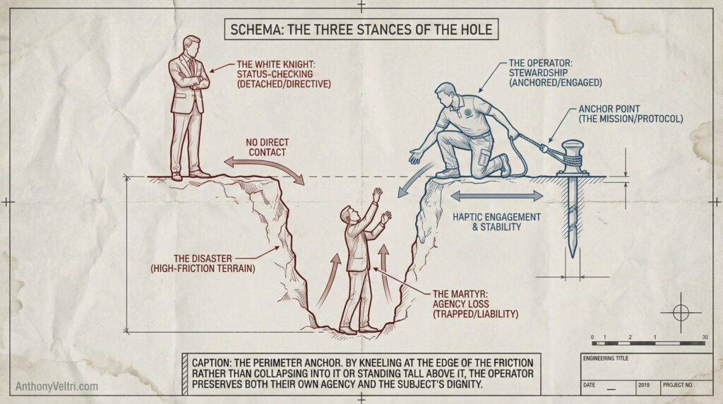 This diagram illustrates approaches to aid: a "White Knight" remains distant, while an "Operator" offers secure, anchored assistance.