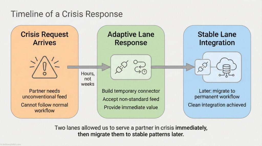 Timeline showing three stages: Crisis Request Arrives, Adaptive Lane Response, and Stable Lane Integration, connected by arrows. Each stage lists key actions for responding to and resolving a crisis request.