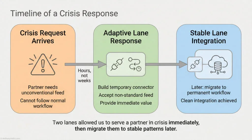 Timeline showing three stages: Crisis Request Arrives, Adaptive Lane Response, and Stable Lane Integration, connected by arrows. Each stage lists key actions for responding to and resolving a crisis request.