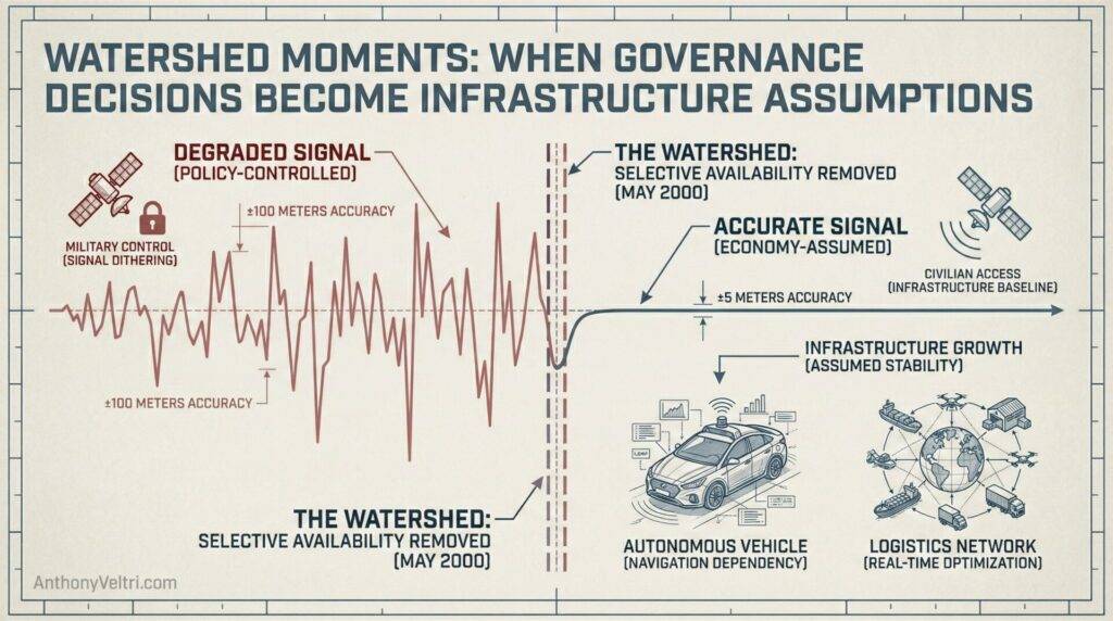 This diagram illustrates improved GPS accuracy post-2000, which enabled advances in civilian applications such as logistics and automation.