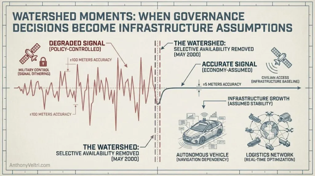 This diagram illustrates improved GPS accuracy post-2000, which enabled advances in civilian applications such as logistics and automation.