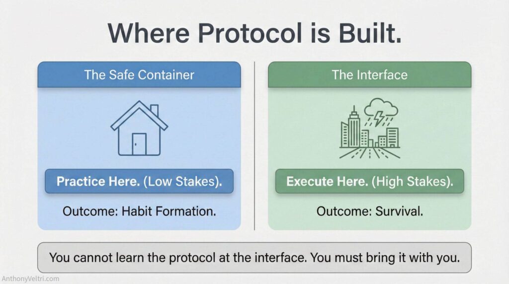 This diagram illustrates how low-stakes practice fosters habits, while high-stakes environments emphasize execution and survival.