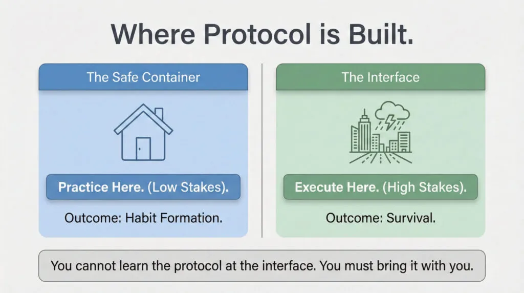 This diagram illustrates how low-stakes practice fosters habits, while high-stakes environments emphasize execution and survival.