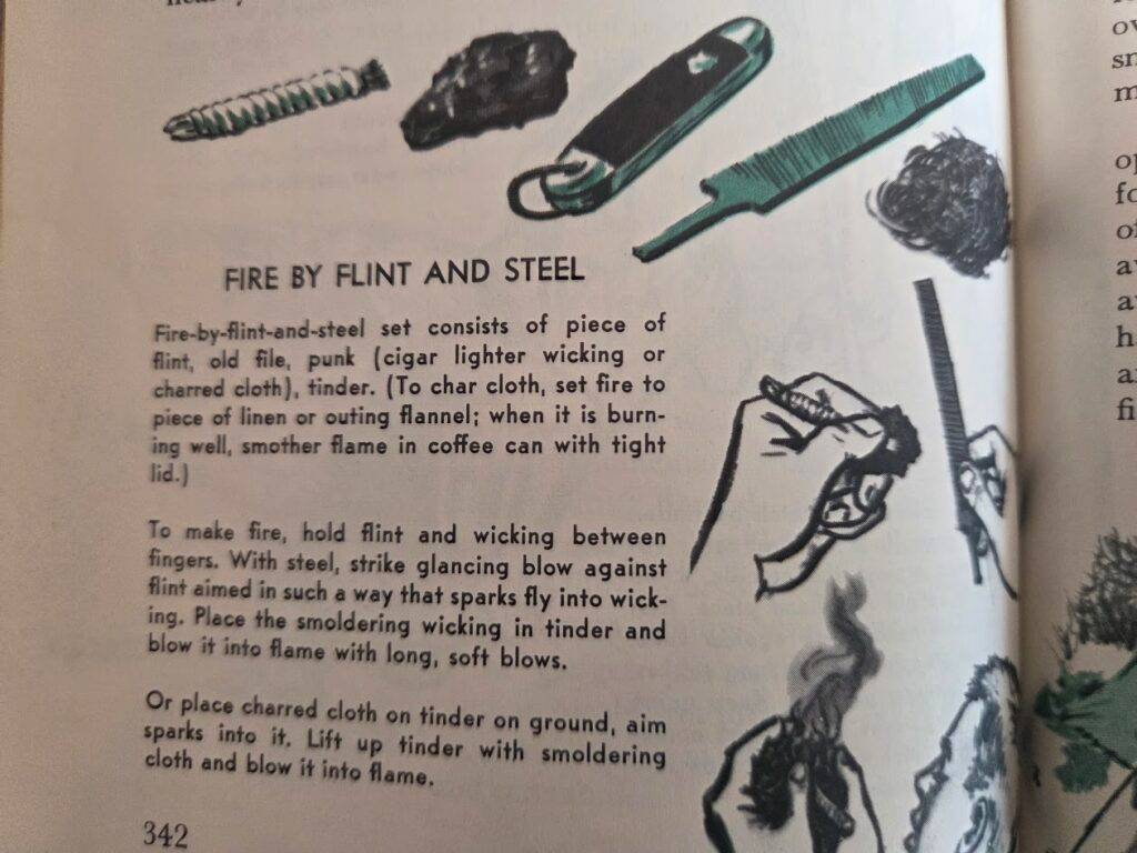 A vintage illustrated page explains making fire with flint and steel. It shows a piece of flint, an old file, green steel, and cloth tinder. Drawings depict striking steel on flint, tinder igniting, and smoking tinder being lifted to catch flame.