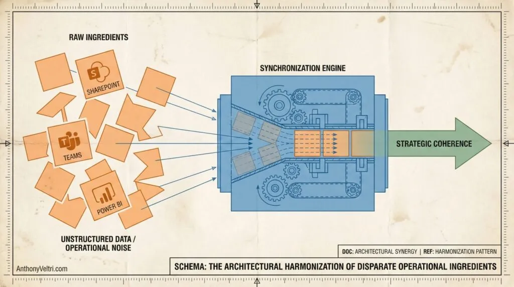 A diagram shows raw input icons for SharePoint, Teams, and Power BI on the left, labeled as unstructured data. Arrows funnel them into a blue synchronization engine, which outputs a green arrow labeled "Strategic Coherence" to the right.