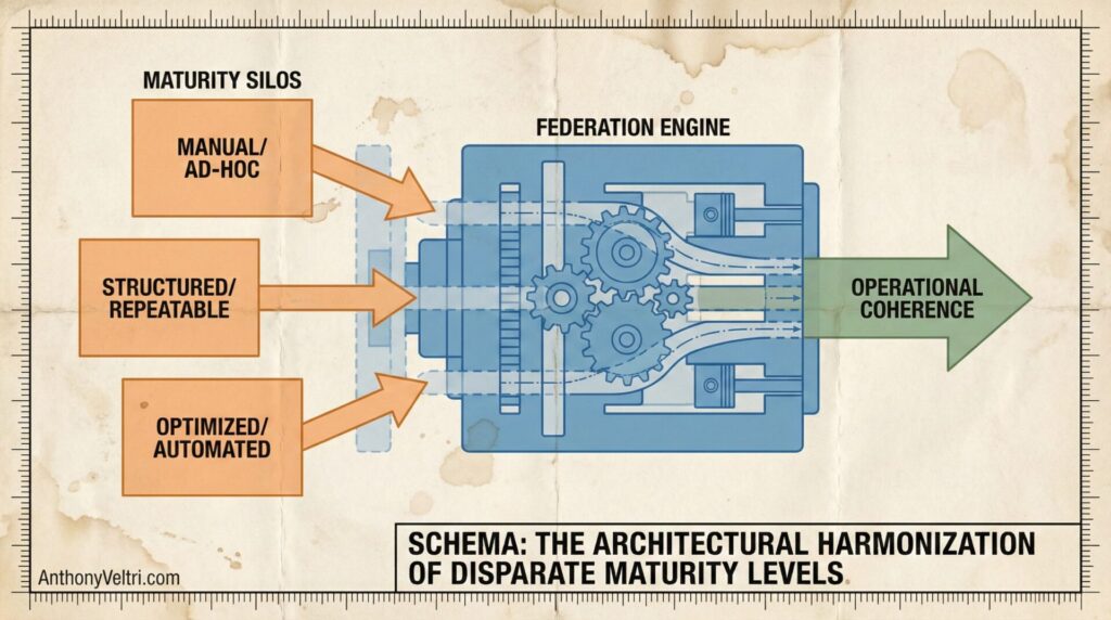 A diagram shows three maturity silos—Manual/Ad-Hoc, Structured/Repeatable, and Optimized/Automated—feeding into a Federation Engine with gears, which outputs Operational Coherence. Caption: "Schema: The Architectural Harmonization of Disparate Maturity Levels.