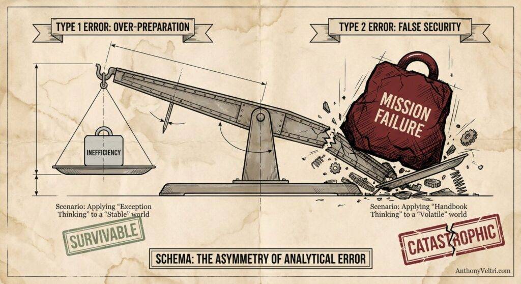 A seesaw illustrates analytical errors: the left, labeled “Type 1 Error: Over-preparation,” shows a small weight marked “Inefficiency”—“Survivable.” The right, “Type 2 Error: False Security,” collapses under a heavy “Mission Failure” bag—“Catastrophic.”.