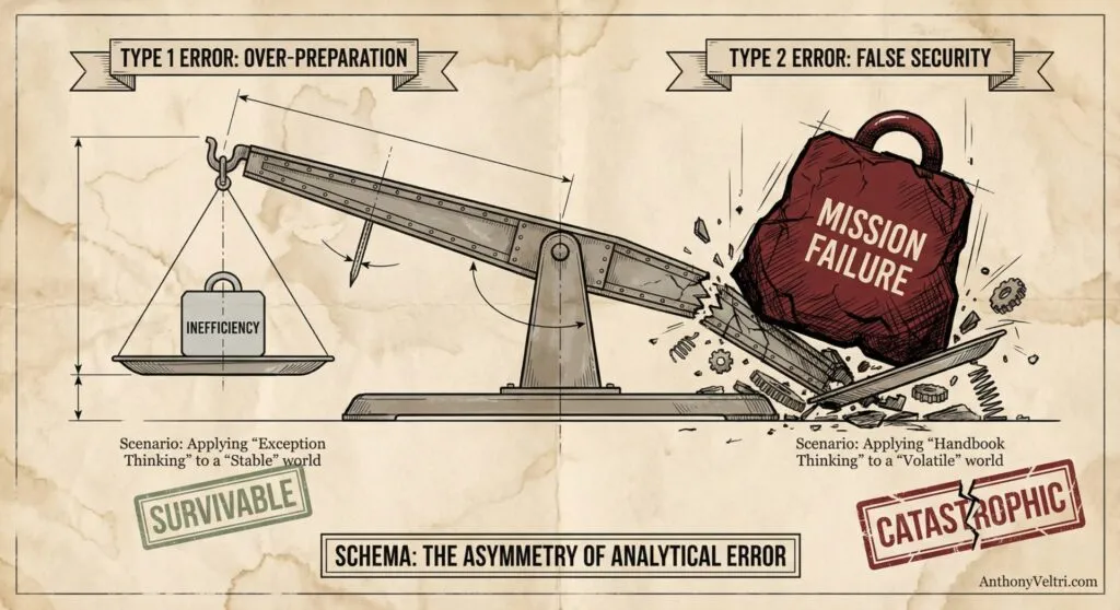 A seesaw illustrates analytical errors: the left, labeled “Type 1 Error: Over-preparation,” shows a small weight marked “Inefficiency”—“Survivable.” The right, “Type 2 Error: False Security,” collapses under a heavy “Mission Failure” bag—“Catastrophic.”.