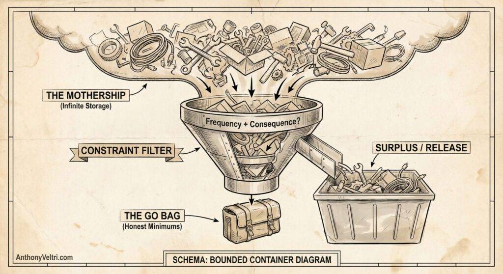 A diagram shows objects flowing from "The Mothership" (infinite storage), through a "Constraint Filter" funnel labeled "Frequency + Consequence?", into either "The Go Bag" (essentials) or a "Surplus/Release" bin. The style is sketch-like and mechanical.