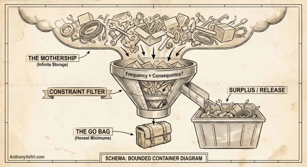 A diagram shows objects flowing from "The Mothership" (infinite storage), through a "Constraint Filter" funnel labeled "Frequency + Consequence?", into either "The Go Bag" (essentials) or a "Surplus/Release" bin. The style is sketch-like and mechanical.