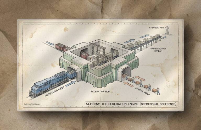 A diagram shows a fort-like “Federation Hub” with trains labeled “Automated Input” entering, carts labeled “Manual Input,” and unified outputs exiting via tracks. Labels include “Schema: The Federation Engine (Operational Coherence).” The map is on aged paper.