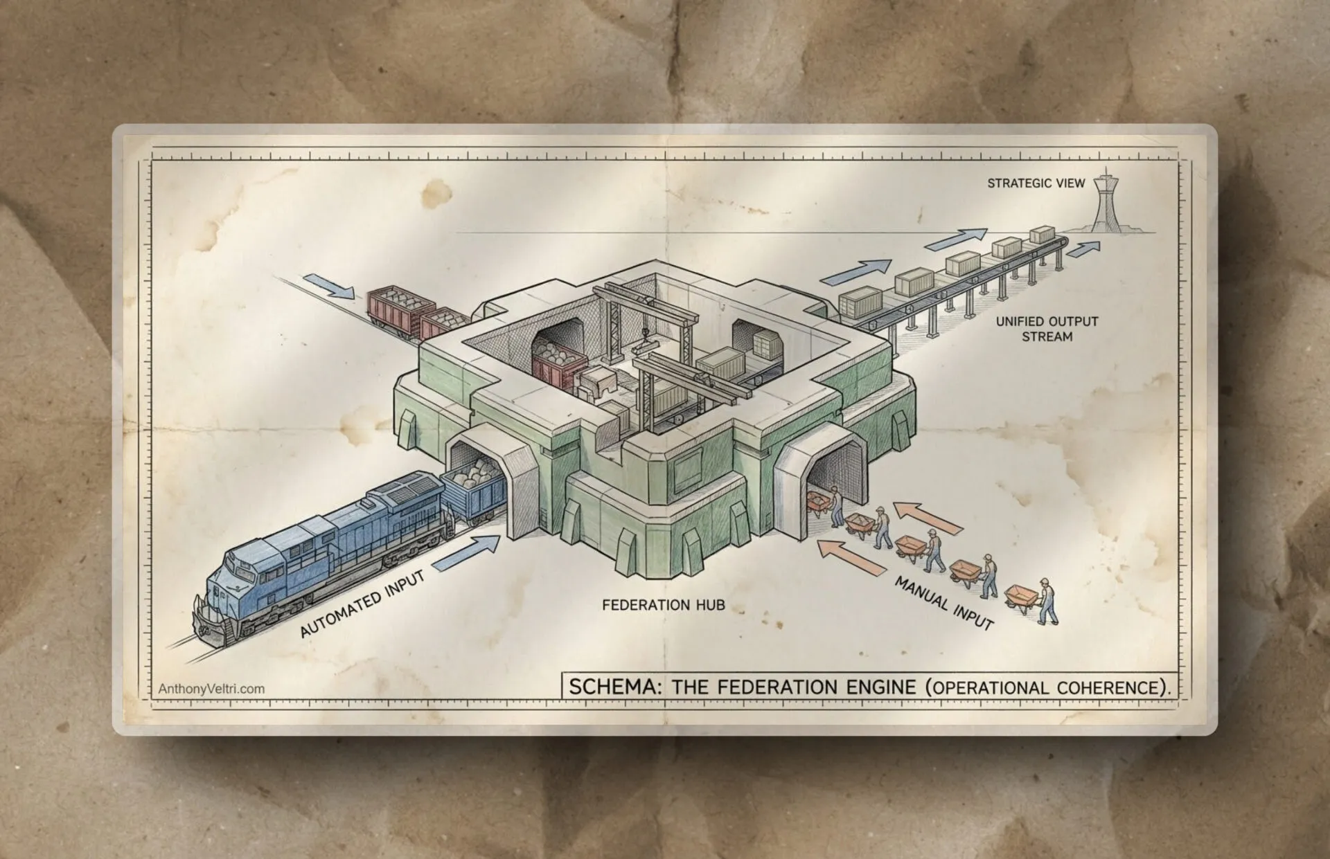 A diagram shows a fort-like “Federation Hub” with trains labeled “Automated Input” entering, carts labeled “Manual Input,” and unified outputs exiting via tracks. Labels include “Schema: The Federation Engine (Operational Coherence).” The map is on aged paper.