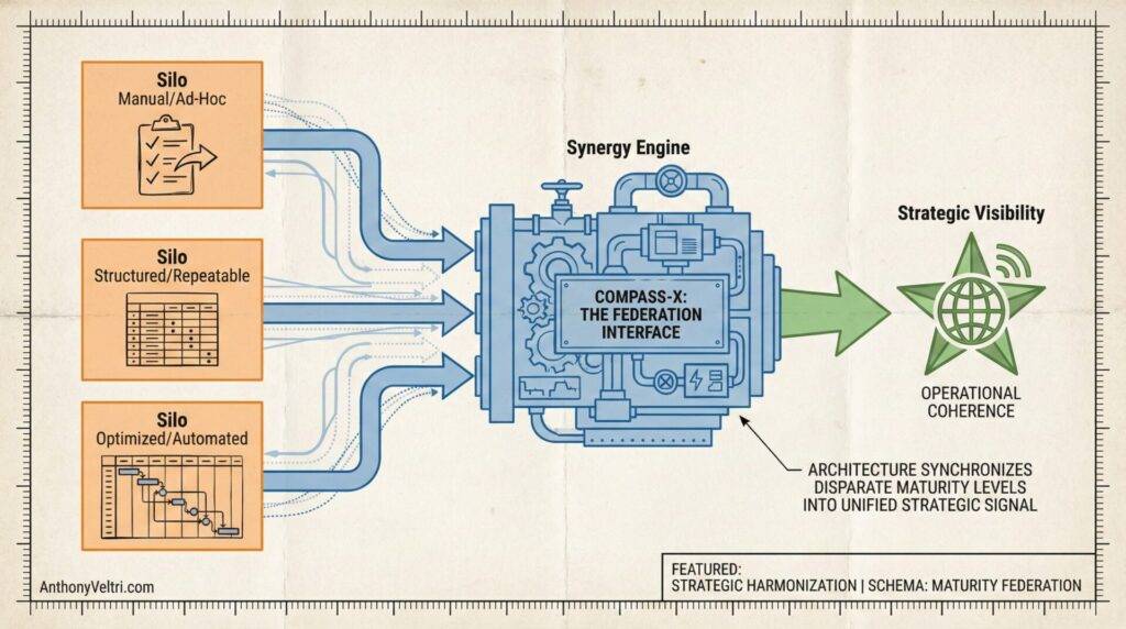 A diagram shows three silos—Manual/Ad-Hoc, Structured/Repeatable, and Optimized/Automated—feeding data into a central machine labeled "Synergy Engine," which outputs unified strategic signals to a green star labeled "Strategic Visibility: Operational Coherence.