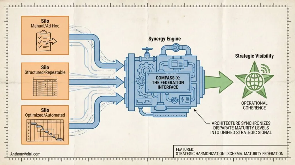 A diagram shows three silos—Manual/Ad-Hoc, Structured/Repeatable, and Optimized/Automated—feeding data into a central machine labeled "Synergy Engine," which outputs unified strategic signals to a green star labeled "Strategic Visibility: Operational Coherence.