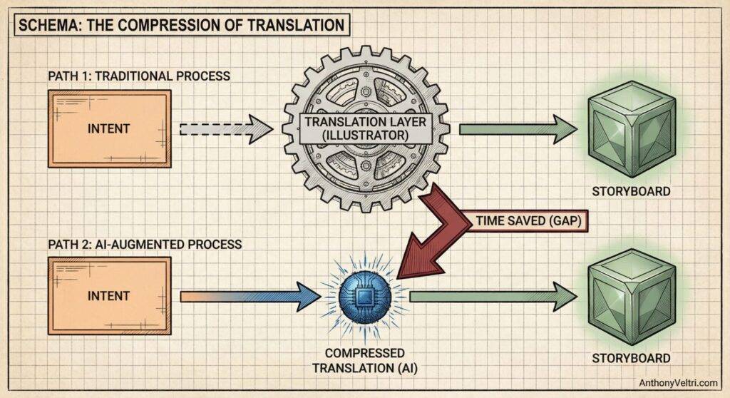 A flowchart compares two paths: traditional (top) and AI-augmented (bottom) storyboard creation. Both start with "Intent," but traditional uses a gear-shaped translation layer, while AI uses "Compressed Translation." AI saves time, shown by a red arrow labeled "Time Saved (Gap).