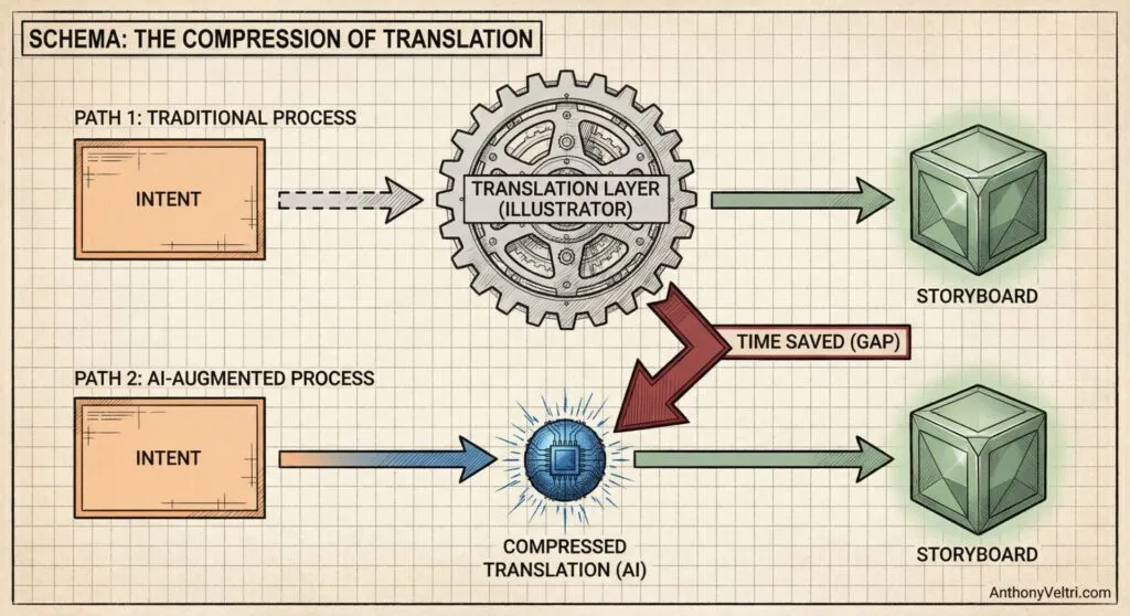 A flowchart compares two paths: traditional (top) and AI-augmented (bottom) storyboard creation. Both start with "Intent," but traditional uses a gear-shaped translation layer, while AI uses "Compressed Translation." AI saves time, shown by a red arrow labeled "Time Saved (Gap).
