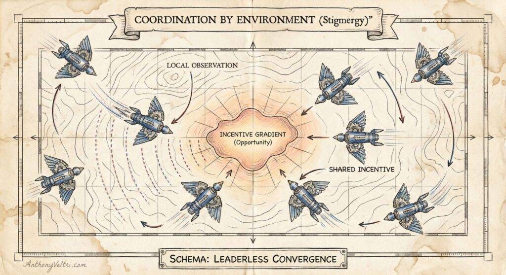 A vintage-style diagram shows seven birds converging toward a central orange area labeled "Incentive Gradient (Opportunity)." Arrows represent movement. Labels note "Local Observation" and "Shared Incentive." Title: "Coordination by Environment (Stigmergy).