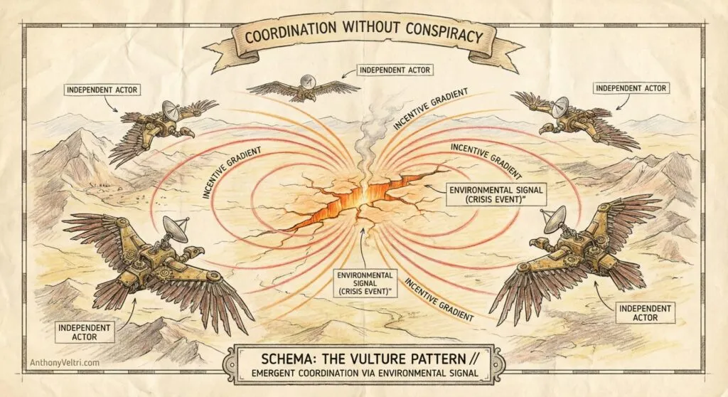 A vintage-style diagram shows four mechanical vultures labeled “Independent Actor,” flying toward a cracked ground emitting orange waves labeled “Environmental Signal (Crisis Event).” Arrows labeled “Incentive Gradient” point vultures toward the signal. Title: “Coordination Without Conspiracy.”.