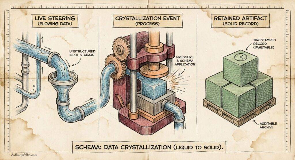 Illustration showing data flow: left panel has water flowing through pipes labeled "Live Steering (Flowing Data)," center shows a hydraulic press forming an ice cube labeled "Crystallization Event (Process)," right shows stacked boxes labeled "Retained Artifact (Solid Record).