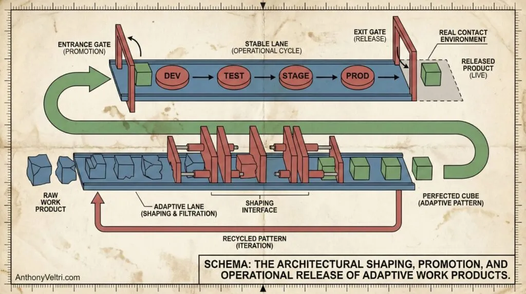A diagram shows two workflows: the top path moves work through DEV, TEST, STAGE, and PROD gates to a real context; the bottom path shapes raw work into perfected cubes through iterative adaptive shaping, with some work recycled back for further refinement.