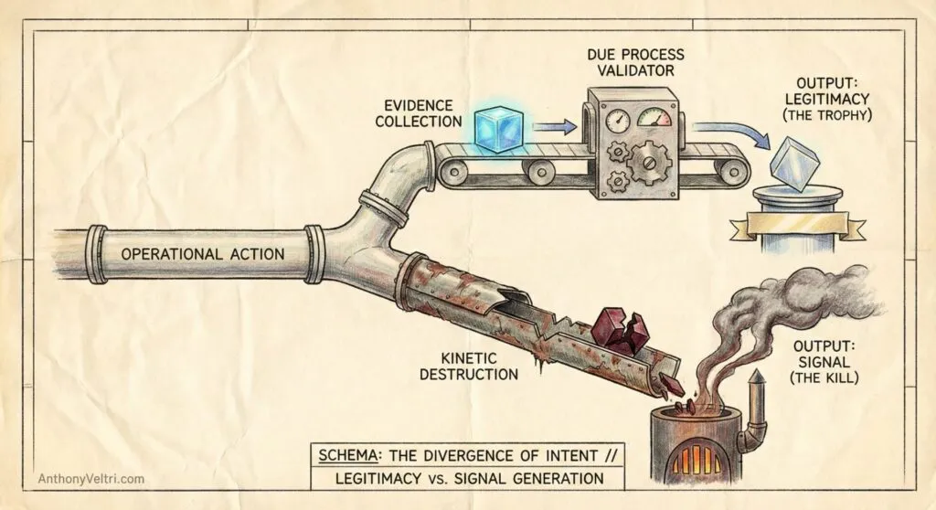 A diagram with pipes and machinery shows “Operational Action” splitting into two paths: one leads to “Kinetic Destruction” with a furnace labeled “Output: Signal (The Kill),” and the other to a machine labeled “Due Process Validator,” producing “Output: Legitimacy (The Trophy).”.