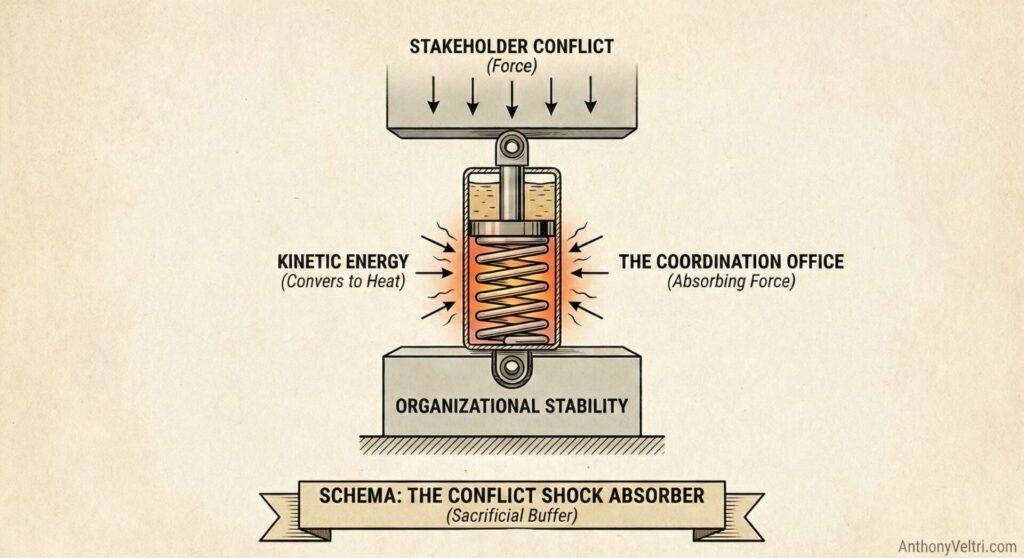A diagram shows a spring labeled “Kinetic Energy,” compressed between “Stakeholder Conflict” (top) and “Organizational Stability” (bottom). The spring is inside “The Coordination Office.” Text at the bottom reads: “Schema: The Conflict Shock Absorber.”.