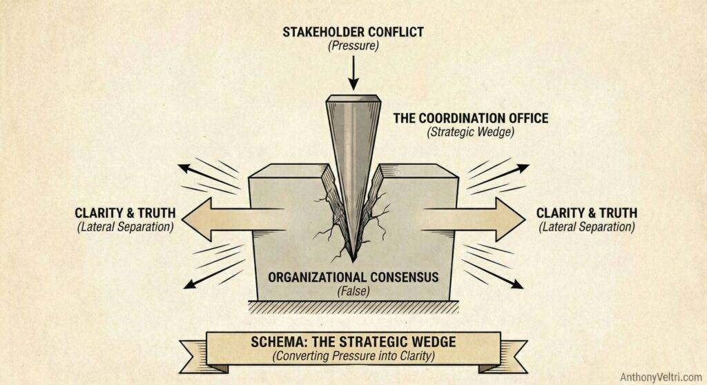 A diagram shows a wedge labeled "The Coordination Office" splitting a block labeled "Organizational Consensus." Upwards is "Stakeholder Conflict (Pressure)," sideways arrows read "Clarity & Truth (Lateral Separation)," and the title reads "Schema: The Strategic Wedge.