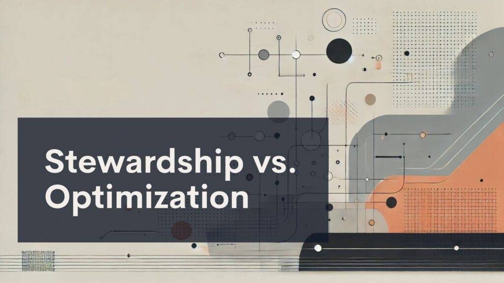 Abstract graphic with geometric shapes, lines, and dots in neutral and orange tones. A large dark rectangle overlays the left side with the white text: 