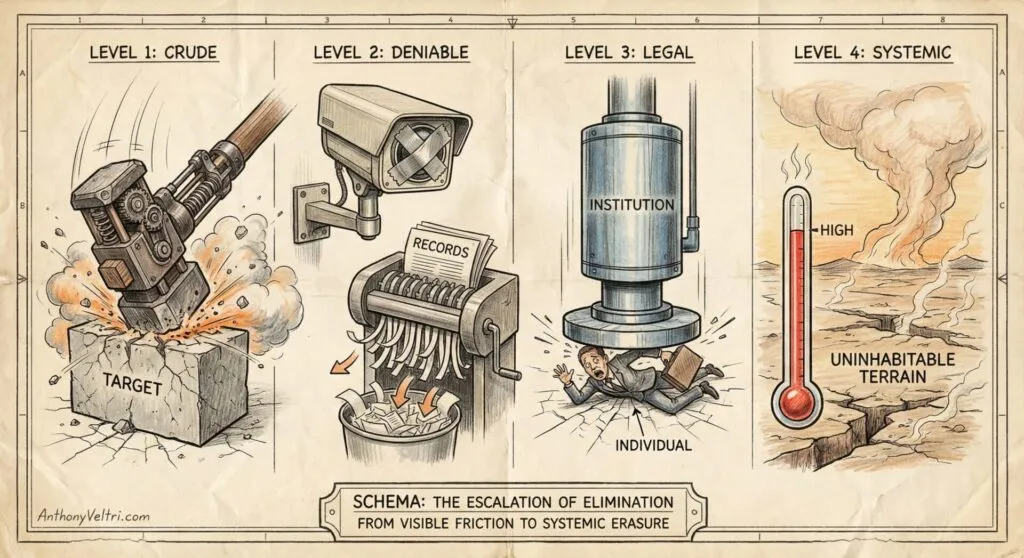 A four-panel illustration shows the escalation of elimination: Level 1—a sledgehammer destroys a stone labeled “target”; Level 2—a camera watches as records are shredded; Level 3—a large press labeled “institution” crushes an individual; Level 4—a thermometer reads “high” as the landscape becomes uninhabitable.